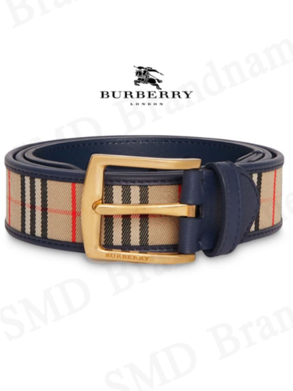 Burberry Navy Leather & Vintage Check Men's Belt with Gold Buckle